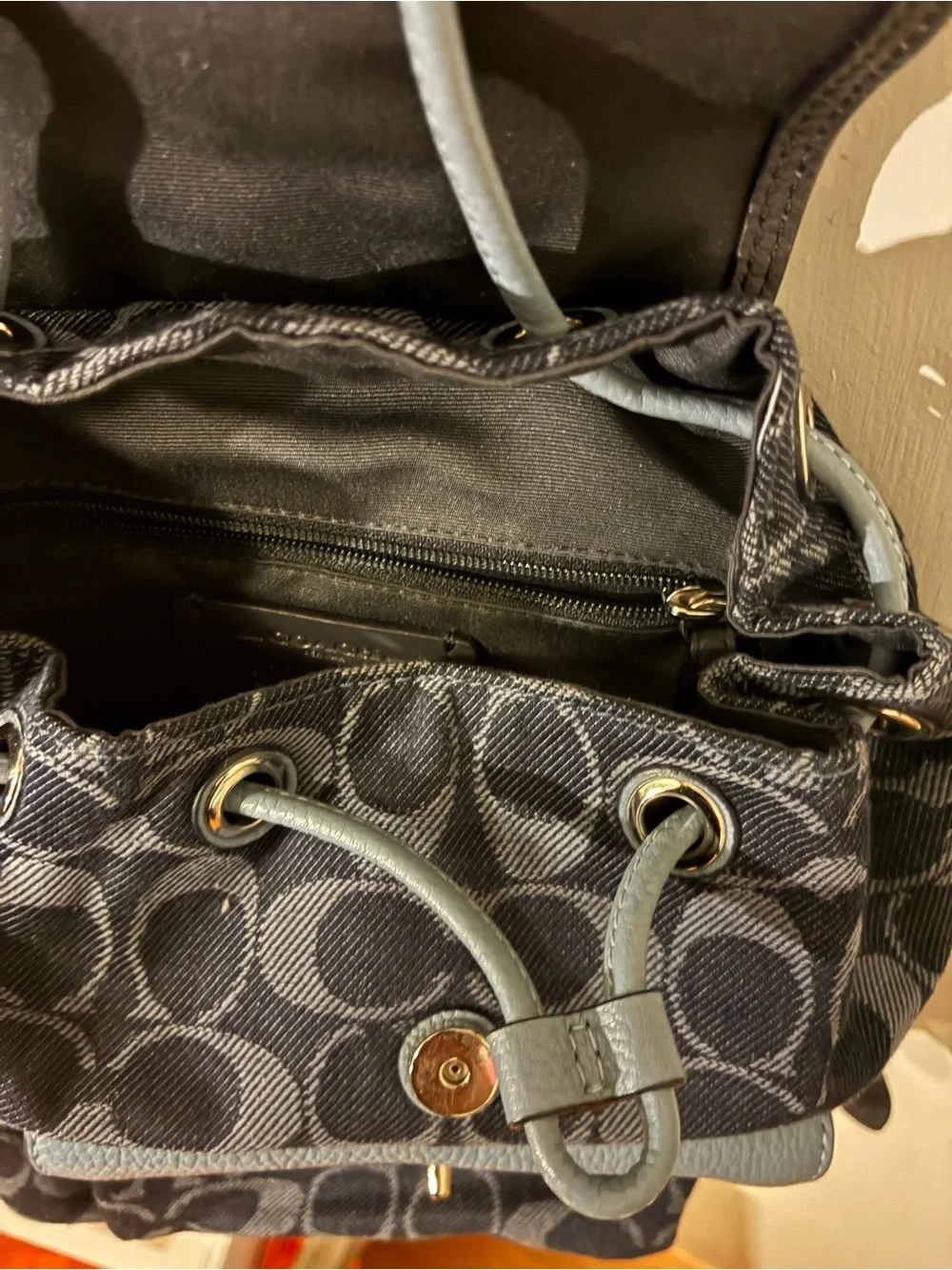Coach Signature Canvas Backpack with Light Blue Leather Trim
